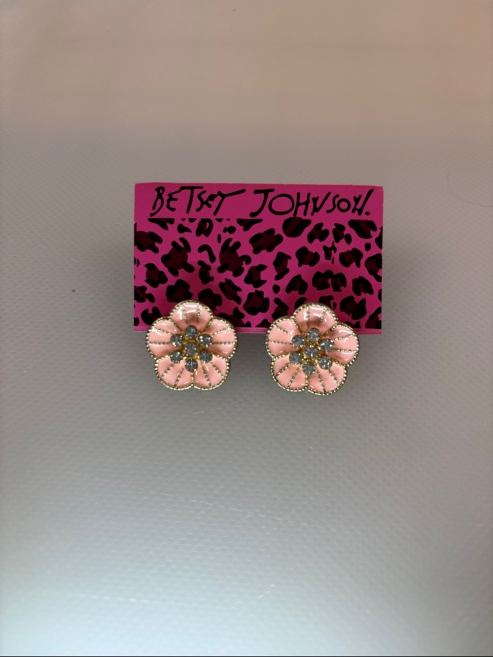 Betsey Johnson Pink Enamel Flower Earrings with Gold Trim